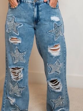 Oli & Hali Star Studded  Distressed Patched Jeans